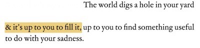 the world digs a hole in your yard and it's up to you to fill it, up to you to find something useful to do with your sadness.