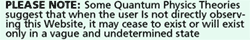 Please note: some quantum physics theories suggest that when the user is not directly viewing this website, it may cease to exist or will exist only in a vague or undetermined state.