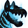 a skeletal demon dog glowing with blue flames smiling at the viewer