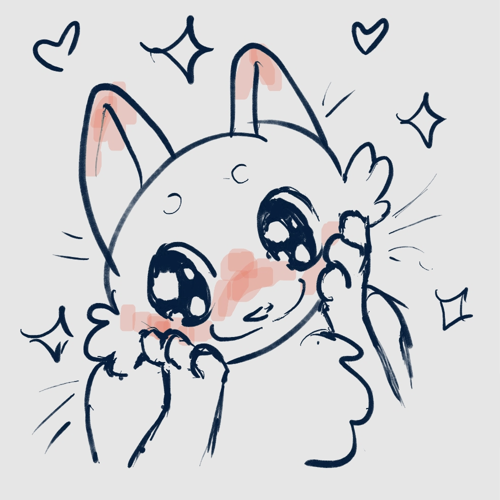 a messy drawing of a blushing cat furry smiling a big shy smile with huge sparkling eyes, their paws pressed to both their blushing cheeks. sparkles and hearts float around them.